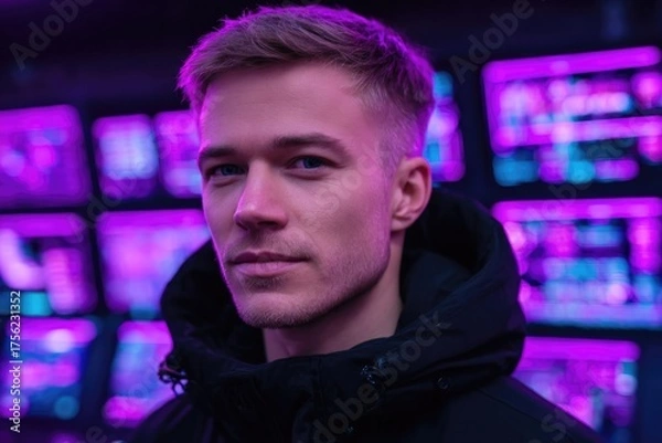 Fototapeta Bright neon lights illuminate young man's face, creating futuristic vibe