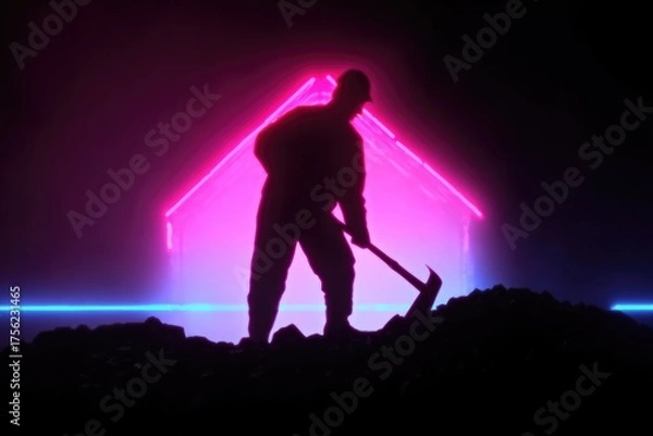 Fototapeta Silhouette of worker with pickaxe against vibrant neon house background