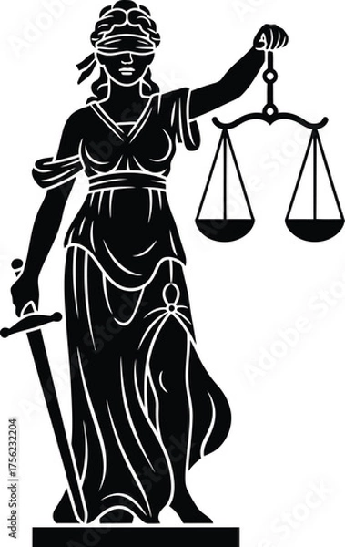 Fototapeta Blindfolded Lady Justice moral force in judicial systems with a scale and sword icon logo vector illustration 