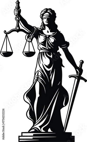 Fototapeta Blindfolded Lady Justice moral force in judicial systems with a scale and sword icon logo vector illustration 