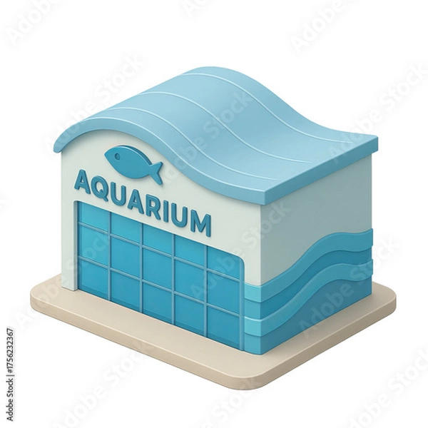 Obraz STYLE Icon 3D render, Isometric style of Aquarium – Blue glass facade, wave motifs, fish signage. isolated on a transparent background