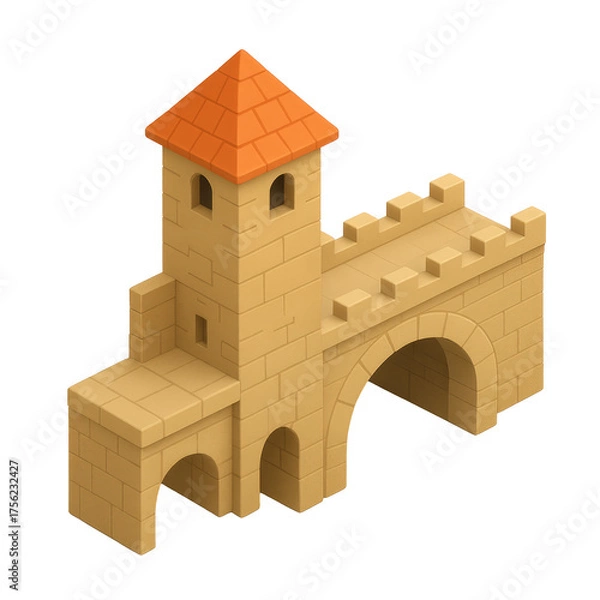 Obraz STYLE Icon 3D render, Isometric style of Bridge Gatehouse – A gatehouse for an ancient bridge with a small watchtower isolated on a transparent background