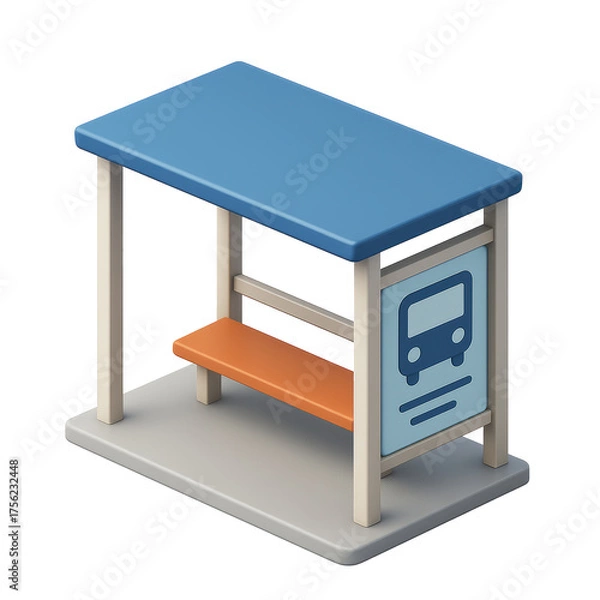 Obraz STYLE Icon 3D render, Isometric style of Bus Stop Shelter – A small, open-roofed passenger shelter isolated on a transparent background