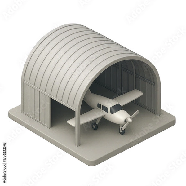 Obraz STYLE Icon 3D render, Isometric style of Hangar – Huge arched steel structure, airplane inside. isolated on a transparent background