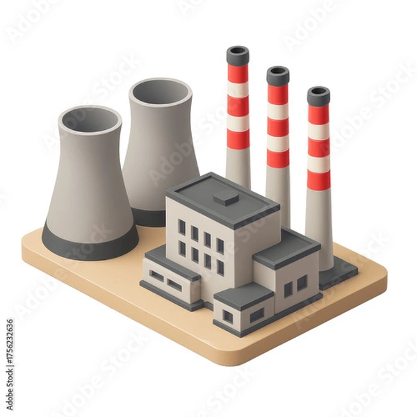 Obraz STYLE Icon 3D render, Isometric style of Power Plant – Chimneys, cooling towers, industrial scale. isolated on a transparent background