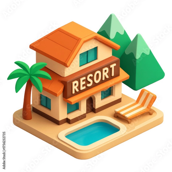 Obraz STYLE Icon 3D render, Isometric style of Resort – Beachmountain resort style building with swimming pool isolated on a transparent background