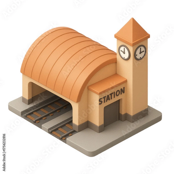 Obraz STYLE Icon 3D render, Isometric style of Train Station – Arched roof, platforms, clock tower. isolated on a transparent background