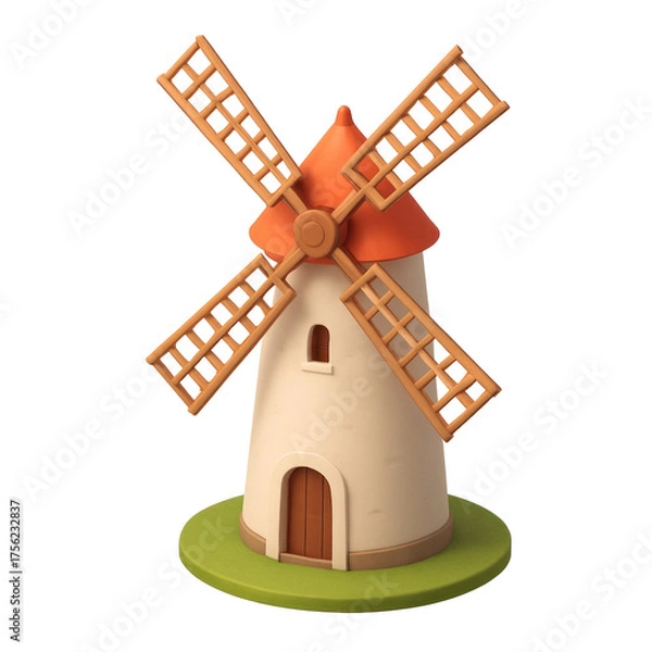 Obraz STYLE Icon 3D render, Isometric style of Windmill – Tall structure with rotating blades, countryside feel. isolated on a transparent background