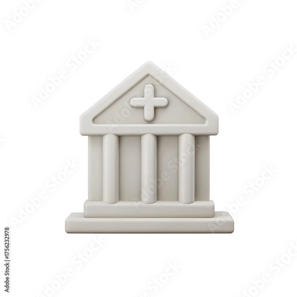 Obraz STYLE 3D render, A bank building icon with three columns and triangular roof, white and soft gray., isolated on a transparent background