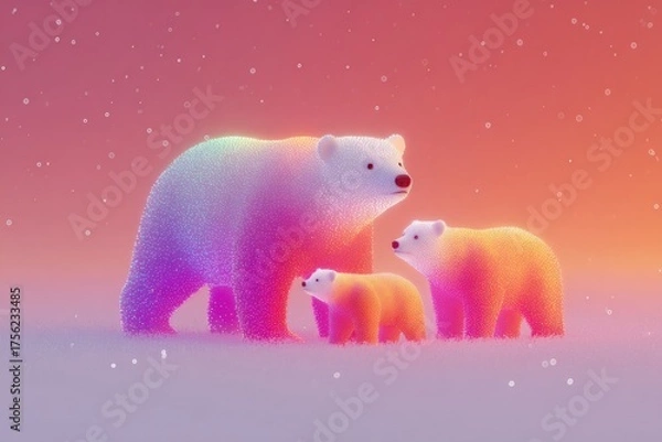 Fototapeta Gentle polar bears stand together, glowing softly against pastel sunset backdrop