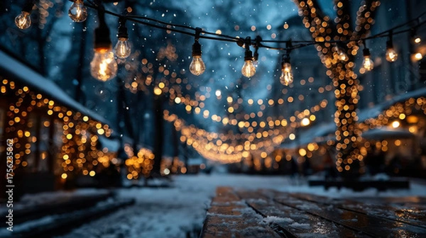 Obraz 雪の夜に輝く灯りと冬のストリート
