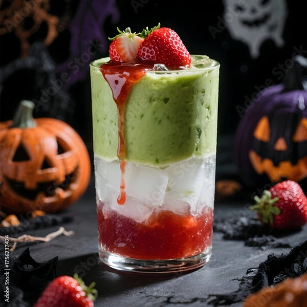 Fototapeta Matcha Latte Strawberry in a Halloween theme