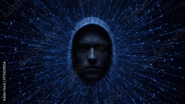 Fototapeta Bedrohliche digitale Figur mit Kapuze in einem Netzwerk aus Datenpunkten
