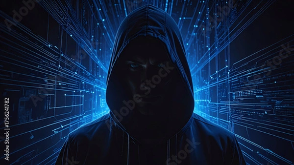 Fototapeta Hackerfigur mit Kapuze vor digitalem Netzwerk im blauen Licht
