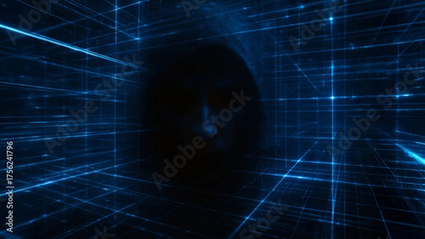 Fototapeta Dunkle Gestalt in blauer digitaler Matrix als Symbol für Cyberangriff
