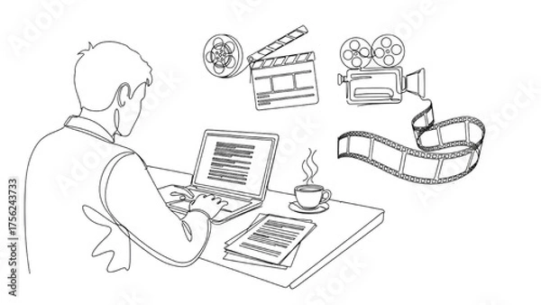 Obraz High-Quality Continuous Black Line Art of Writer Working at Desk with Papers, Laptop, and Coffee – Screenplay Development and Cinematography Concept Icons