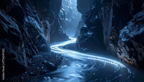 Fototapeta Mystical blue light river winds through a majestic, dark canyon, illuminating rugged rock walls with an ethereal glow in a serene night landscape