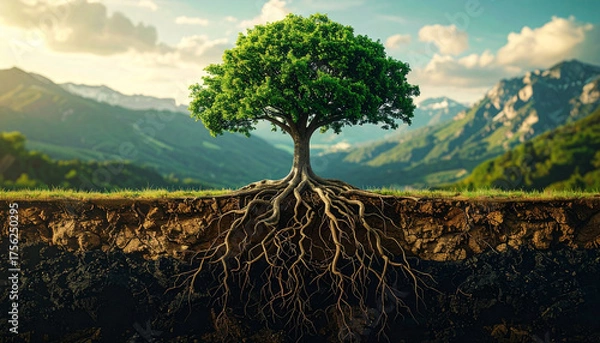 Fototapeta Vibrant green tree with its intricate root system exposed in fertile earth, set against majestic mountains, symbolizing natural growth, stability, and environmental vitality
