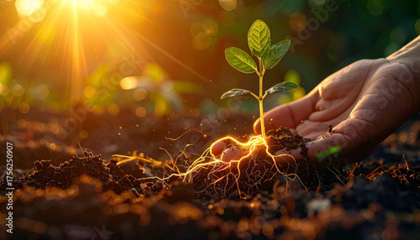 Fototapeta A caring hand gently tends a young green plant in fertile soil, bathed in warm golden sunlight, symbolizing growth, hope, and the nurturing of new life and environmental stewardship