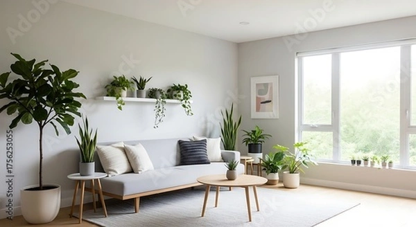 Fototapeta Serene Modern Living Room with Lush Green Plants, Natural Light, and Minimalist Design.