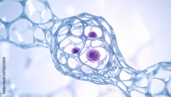 Fototapeta Three-dimensional rendering of vibrant cellular entities encapsulated within a translucent, intricate biological lattice, symbolizing advanced molecular research and scientific innovation