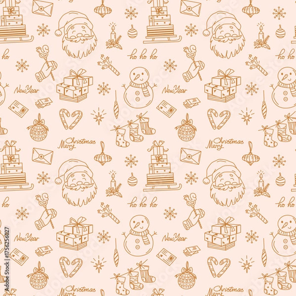 Fototapeta Cheerful festive seamless pattern with vector Christmas elements. Whimsical doodle illustrations of snowman, Santa, gifts, holiday decorations, sweets, and letters on vintage beige background.