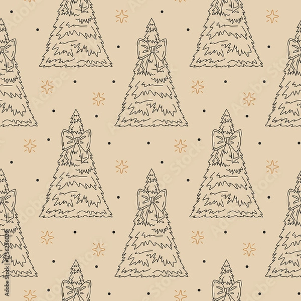Fototapeta Holiday vector seamless pattern with Christmas tree, stars and snowing. Vintage and elegance doodle illustrations on beige background.