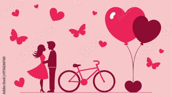 Obraz Couple with bicycle and heart balloons art on transparent background silhouette