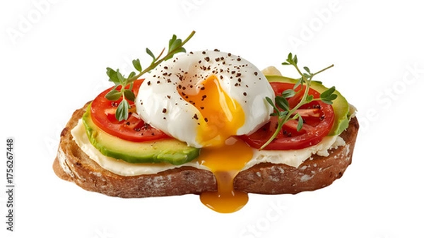 Fototapeta Rustic slice of bread with cream cheese, avocado, tomatoes, and poached egg,  transparent background PNG for food marketing and design