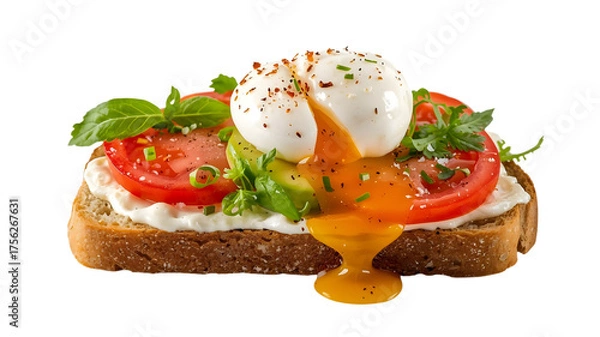Fototapeta Rustic slice of bread with cream cheese, avocado, tomatoes, and poached egg,  transparent background PNG for food marketing and design