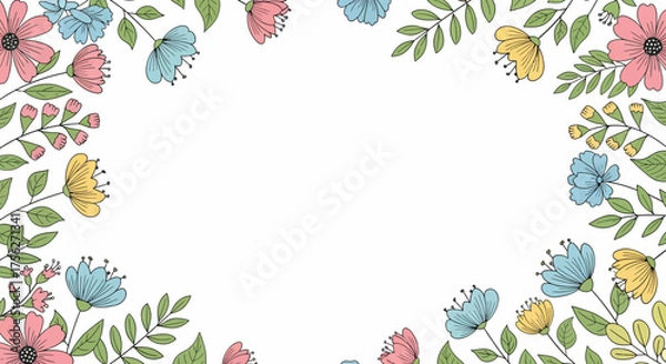 Fototapeta A beautiful watercolor illustration of a floral border design with delicate flowers and leaves in pastel colors, perfect for invitations and backgrounds