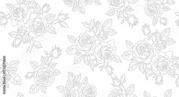 Fototapeta Elegant seamless pattern of delicate line art roses and blooming flower buds, ideal for fabric, invitations, and decorative backgrounds, evoking a vintage botanical charm