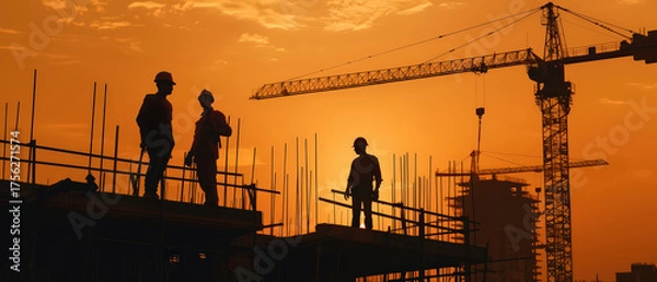 Obraz Group of construction workers on a building site during sunset, with cranes and steel structures silhouetted in orange sky background.