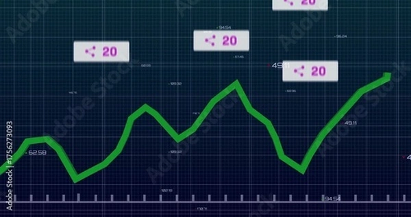 Fototapeta Displaying green fluctuating line graph on analytics dashboard, with grid background, callout boxes