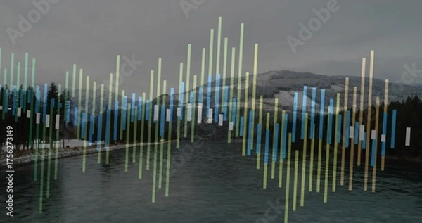 Fototapeta Flowing river reflecting gray sky at mountain bank with snowdusted conifers and data bars overlay