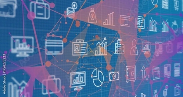 Fototapeta Displaying network nodes on blue grid interface, featuring white financial and analytics icons