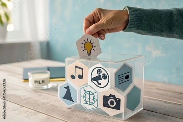 Obraz Hand placing a lightbulb idea block into a honeycomb organizer
