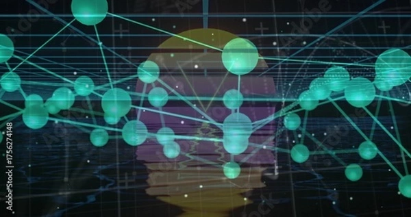 Fototapeta Network of green spheres floating, linking via cyan lines in digital grid, with gradient orb