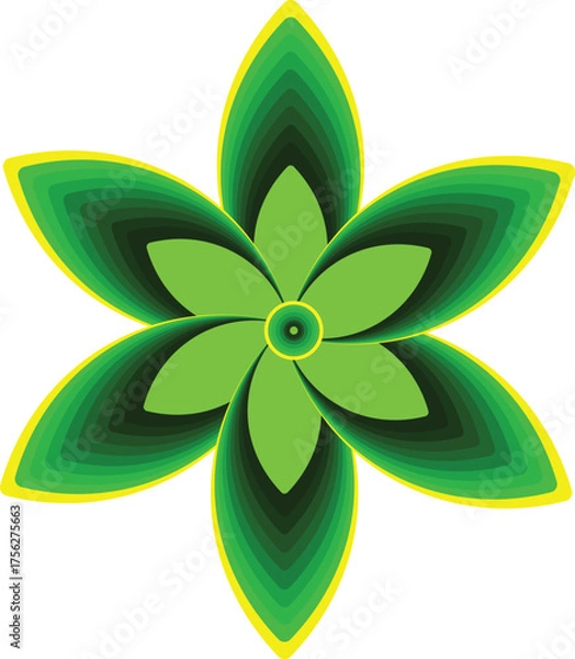 Fototapeta Abstract green floral geometric pattern with layered petals and bright yellow outline design for modern art background