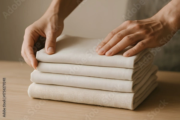 Obraz Stack of folded clothes with plant organic textiles