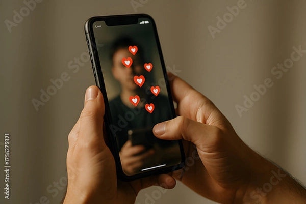 Obraz Live stream interaction of person using smartphone with animated hearts