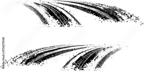 Fototapeta Set of Tire tread marks, Vector black and white tire track and skid mark texture background for automotive and transport design 