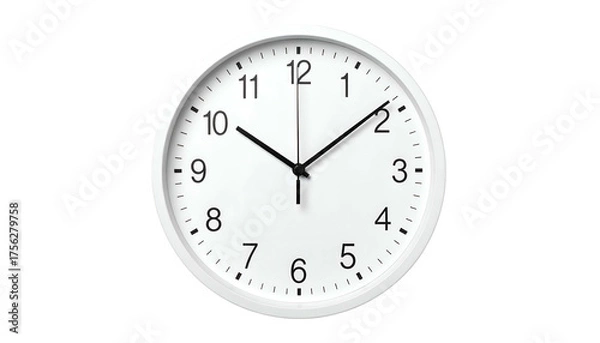 Fototapeta Simple white round clock with black hands on a black background, time is a bit after ten