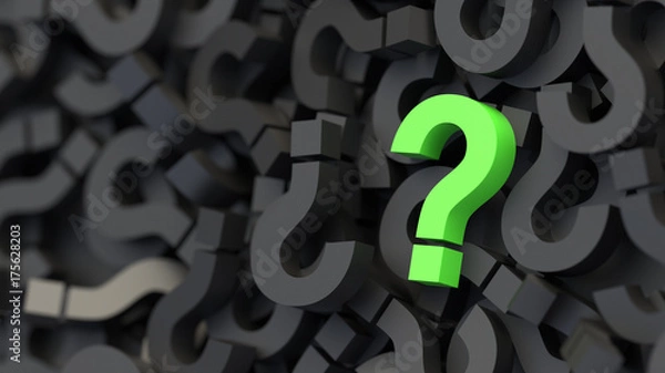 Fototapeta Black and green question marks background. 3D Rendering.
