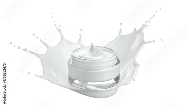 Obraz A jar of white cream sits in a milk-like splash against a black backdrop