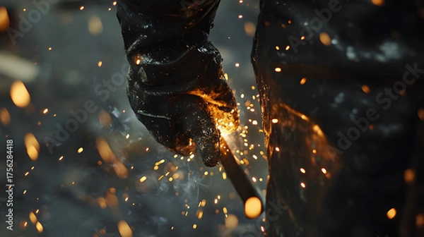 Obraz Welding Sparks: A close-up shot of a gloved hand expertly wielding a welding torch, igniting a shower of mesmerizing sparks against the backdrop of an industrial setting.