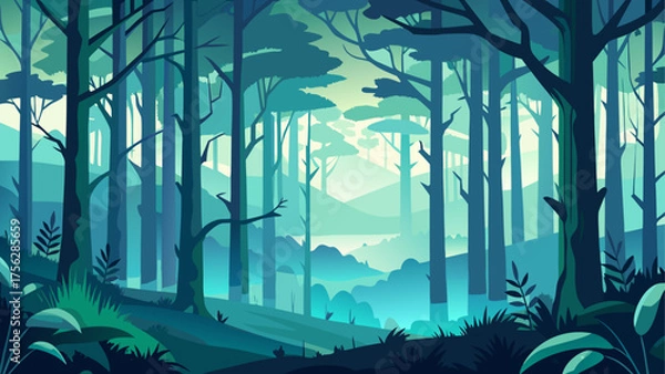 Fototapeta Illustration of a dense and misty forest