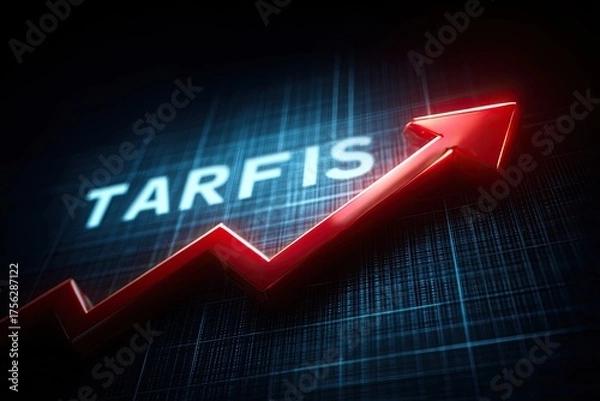 Fototapeta A red glowing arrow trending upwards against a dark blue background