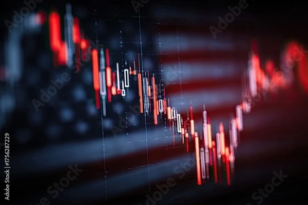 Fototapeta A red and white stock market candlestick chart superimposed on a blurred American flag
