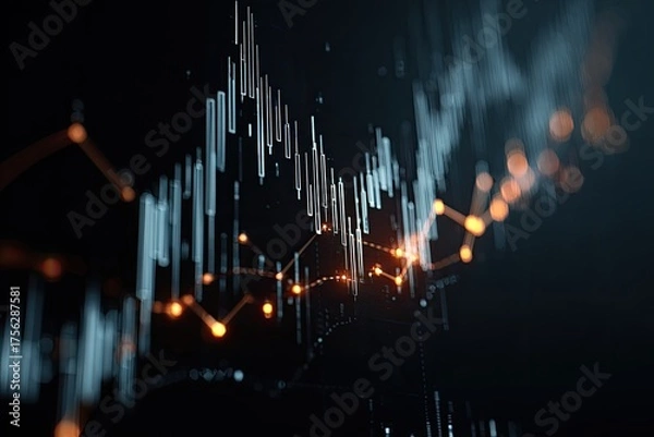 Fototapeta Abstract dark digital visualization with a financial theme, data lines & bars